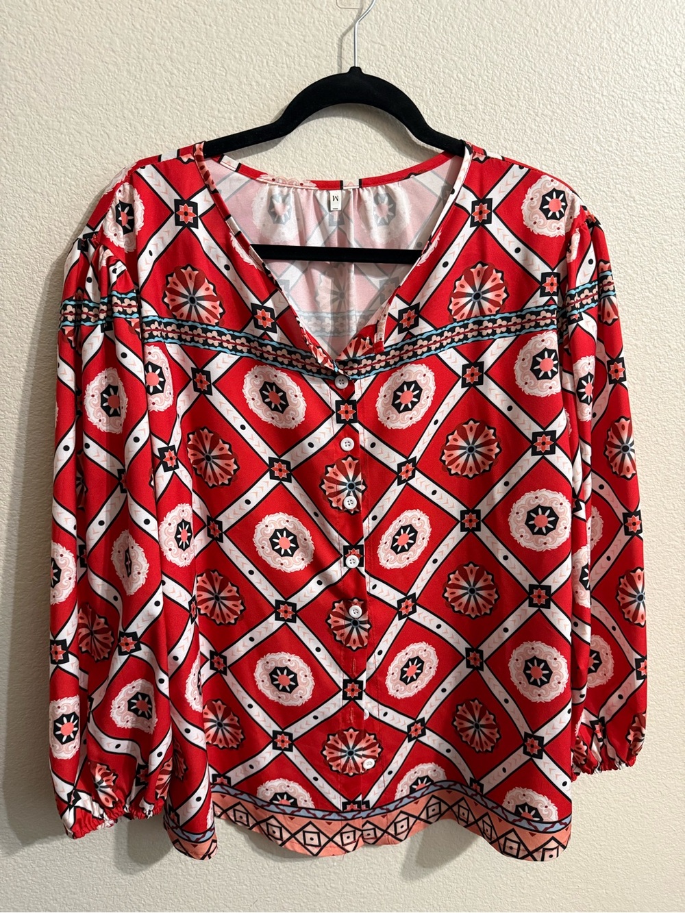 Women's Red Patterned V-Neck Button Front Top